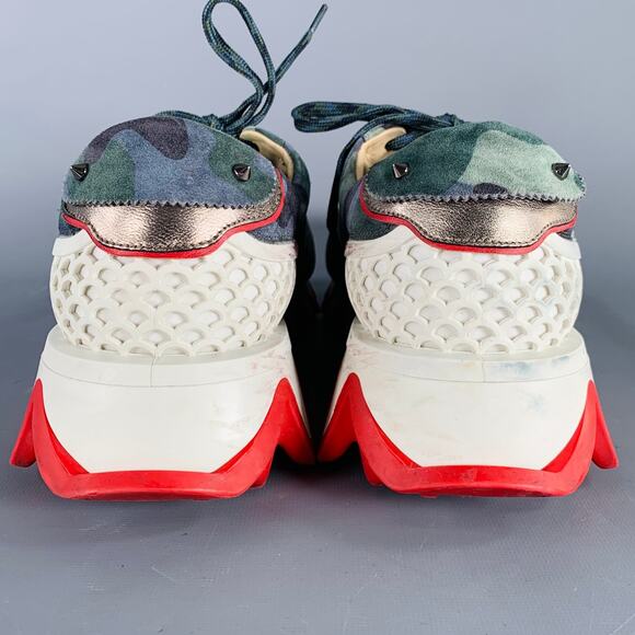 CHRISTIAN LOUBOUTIN Size 12 Green Blue Camouflage Suede Red Sole Sneakers - Picture 3 of 11